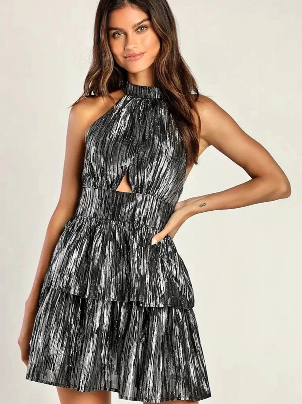 Lulus Divine Disco Black Metallic Silver Halter Tiered Mini Dress & Silver
